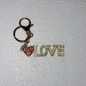 Gold Tone 'LOVE' Crystal Keychain with Red Heart Charm